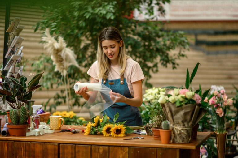 Florist woman making a bouquet of fresh flowers in a flower shop
