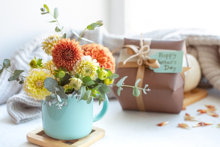 mother's day with gift box and flowers.