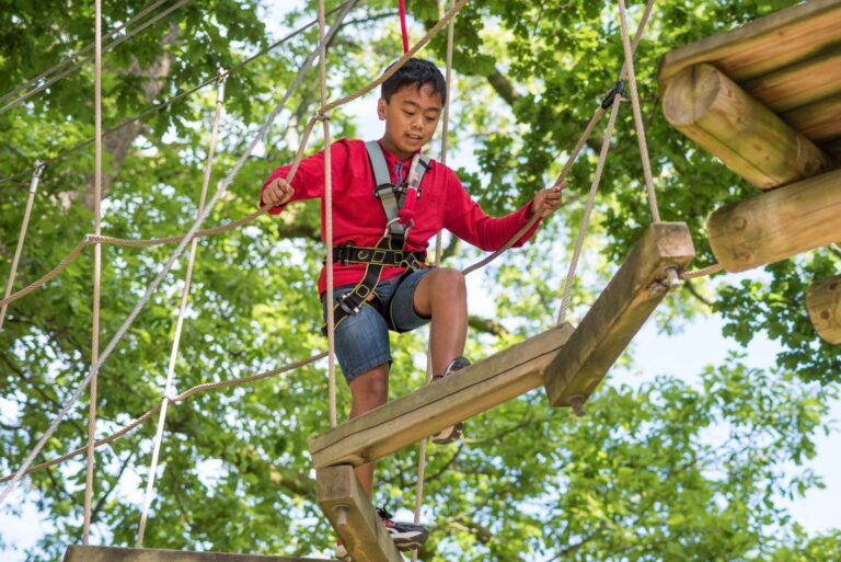 Asian boy wearing a harness on a platform up in the trees on an elevated obstacle course