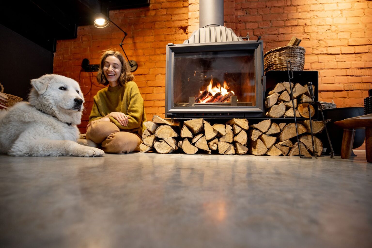 Dog relaxing beside a log burner after a winter walk